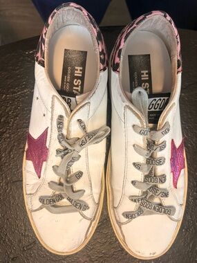 Golden Goose White Sneakers with Pink Star and Leopard Heel